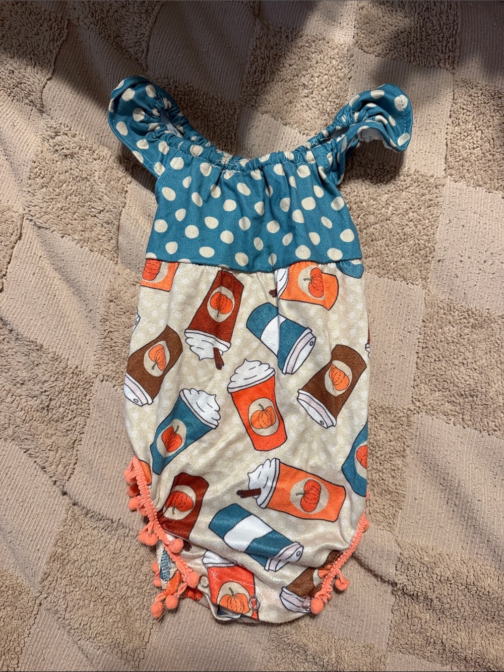 White Infant Romper with Peach Pom-Pom Trim